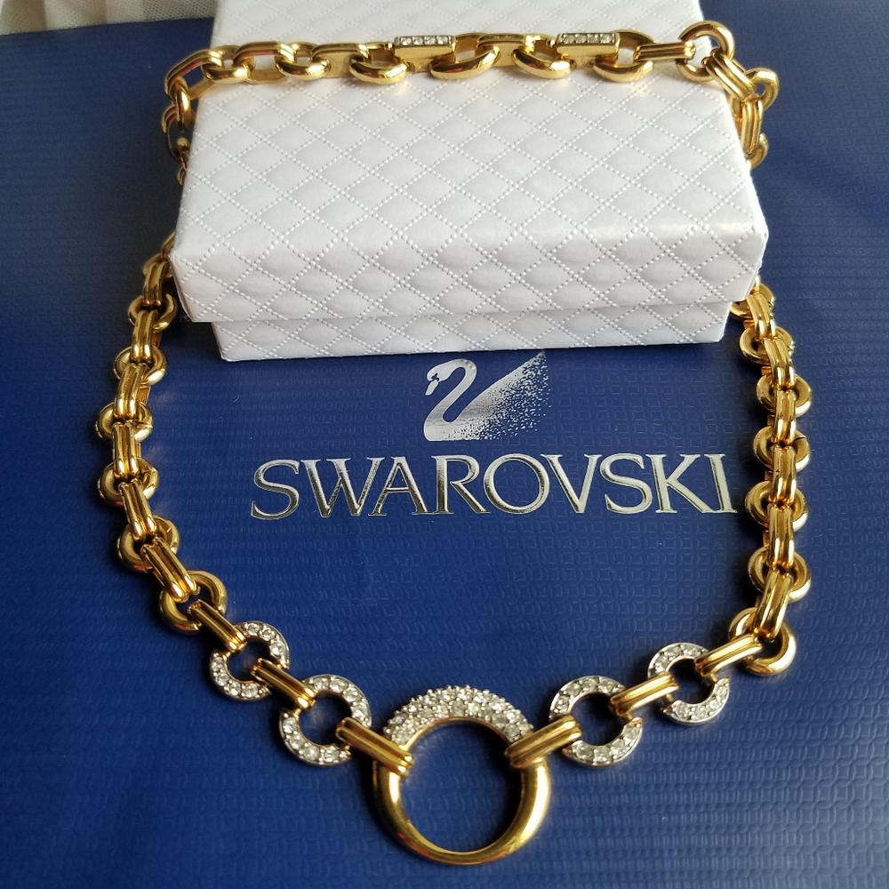 AUTHENTIC Swarovski 18k Gold Plated Chunky Chain Link Vintage Necklace - Picture 5 of 16